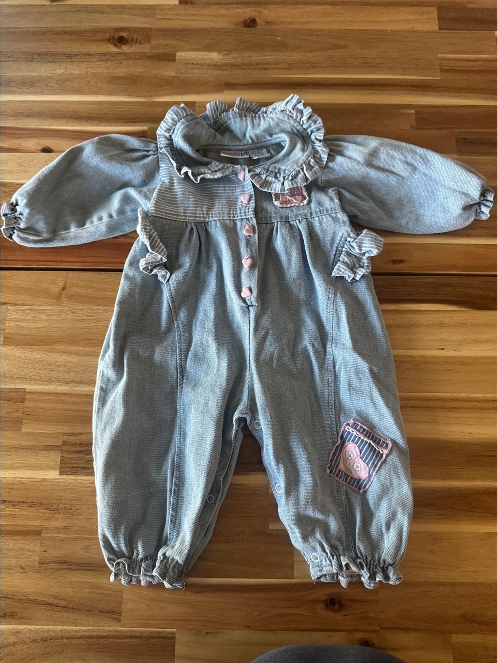 Vintage 90s Small Steps 12M Denim Romper Jumpsuit Ruffle Heart Buttons Girl Y2K